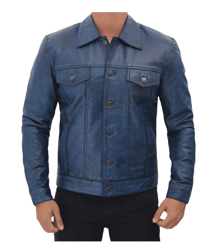 Blue Waxy Genuine Leather Trucker Jacket For Men's