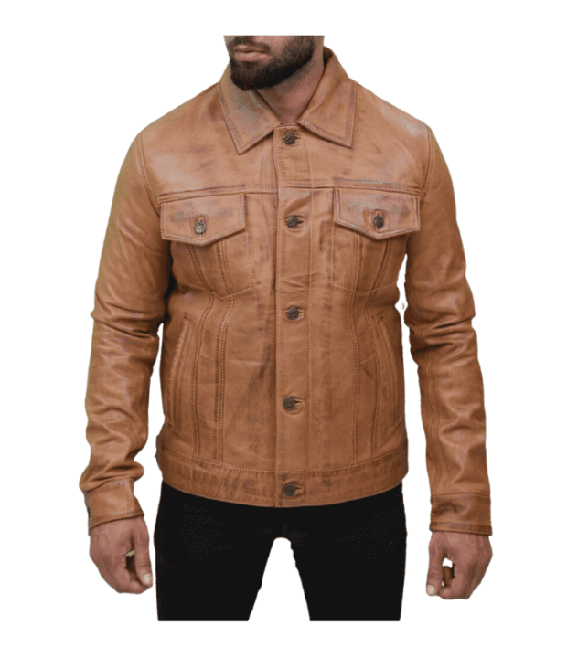 Men'S Genuine Leather Brown Trucker Jacket