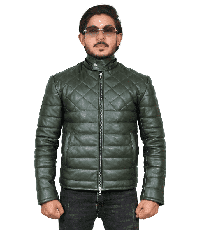 Mens Green puffer leather jacket