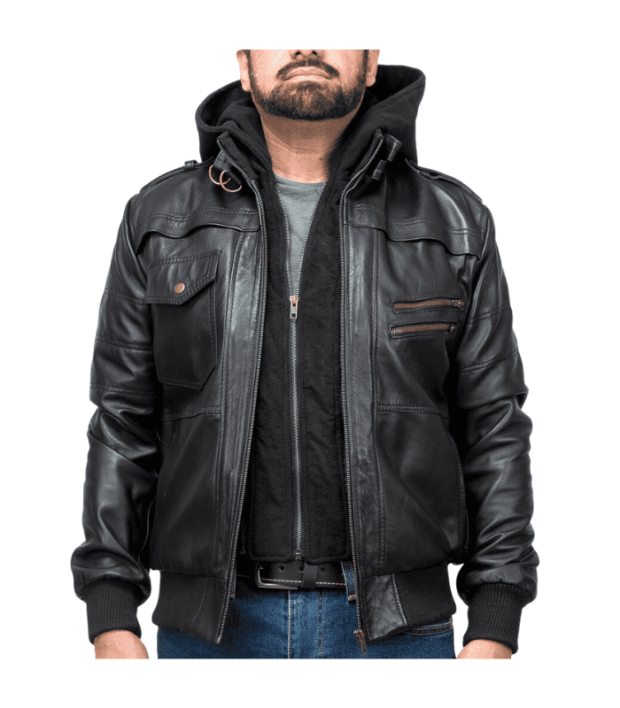 Lambskin Black Hooded Bomber Leather Jacket With Removable Hood By Sharsal