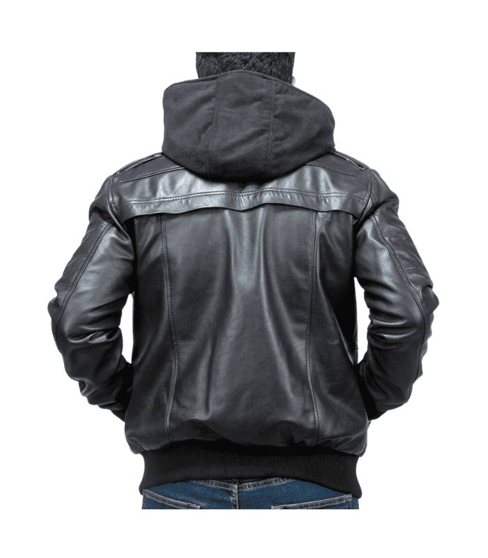 Lambskin Black Hooded Bomber Leather Jacket With Removable Hood ...