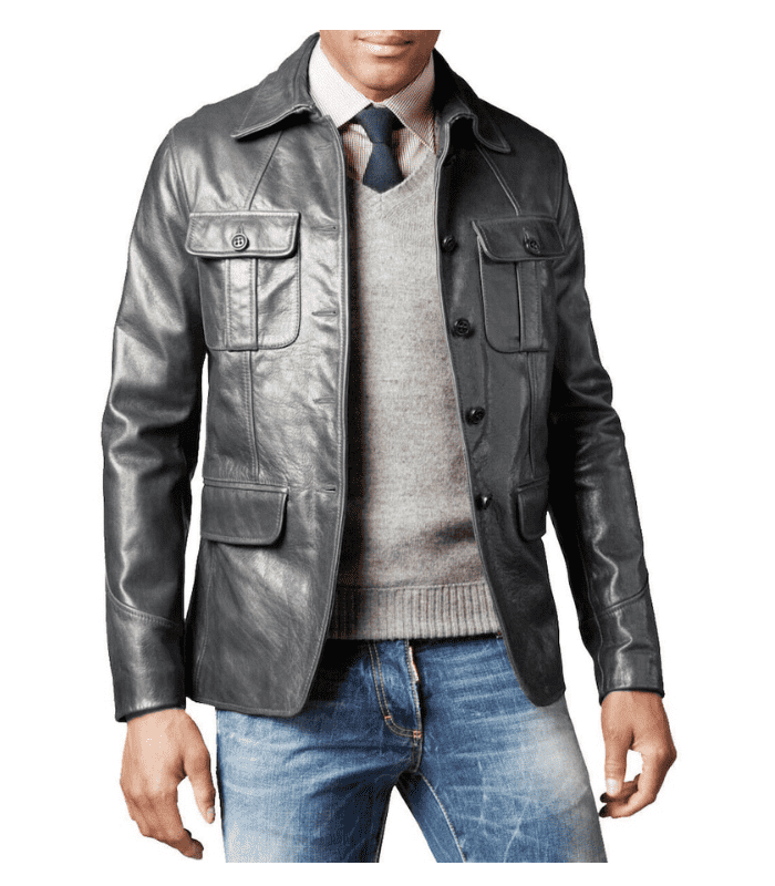 Men Genuine Leather Grey Blazer Coat Jacket Slim Fit Leather Coat