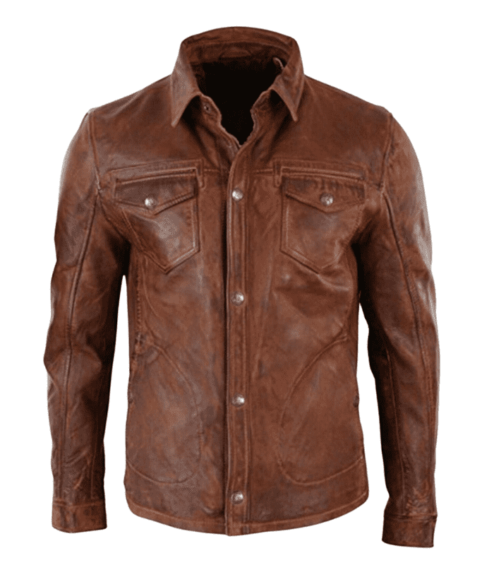 Men Real Wax Brown Trucker Leather Jacket