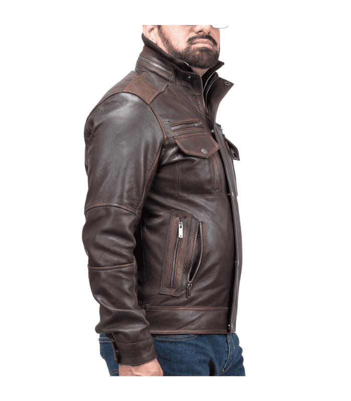 Biker Slim Fit Vintage Distressed Brown Real Leather Jacket By Sharsal