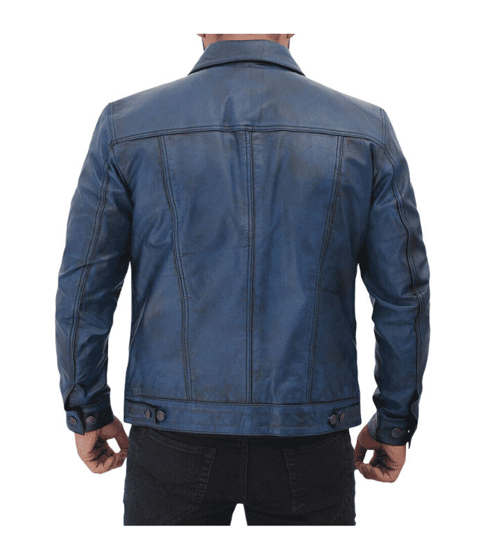 Blue Waxy Genuine Leather Trucker Jacket For Men'S