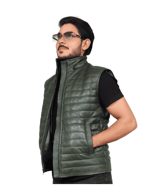 Green Puffer Leather Vest