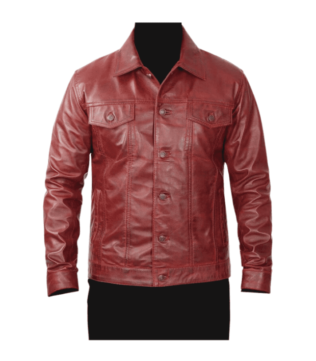 Red Waxy Unisex Trucker Leather Jacket