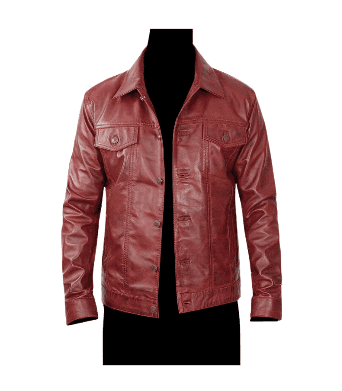 Red Waxy Unisex Trucker Leather Jacket