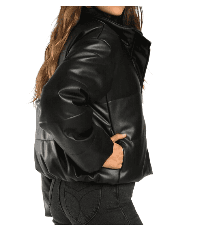 Women Quilted Black Puffed Leather Motorcycle Jacket