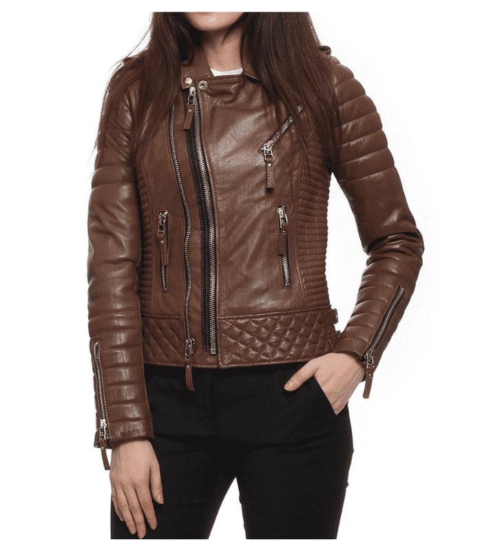 Women Quilted Brown Leather Motorcycle Jacket