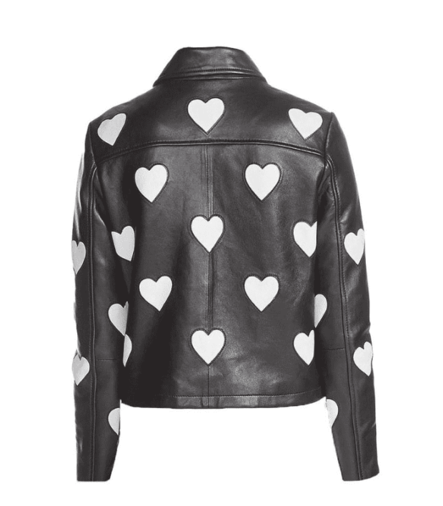 Women White Hearts Leather Motorcycle Jacket