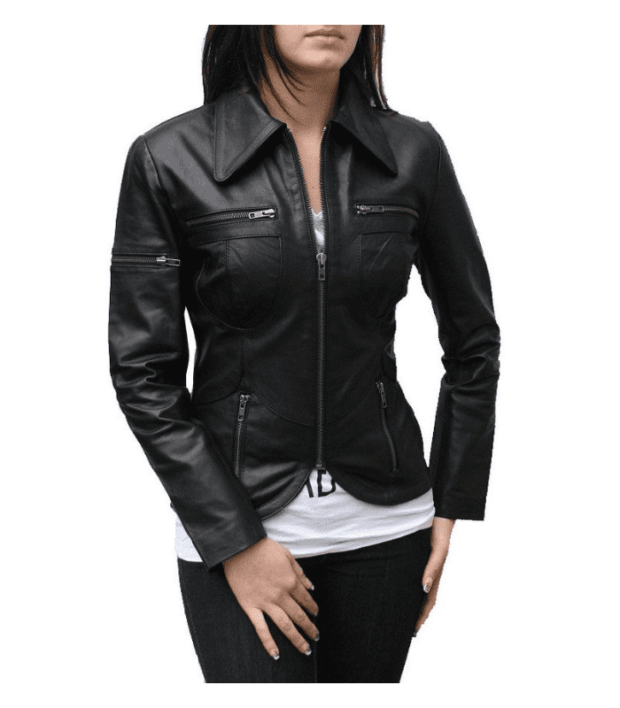 Womens Black Motorcycle Jacket Fit Biker Ladies Leather Jacket