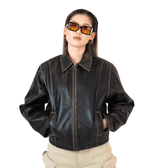 90's Oversized Vintage Distressed Bomber Leather Jacket