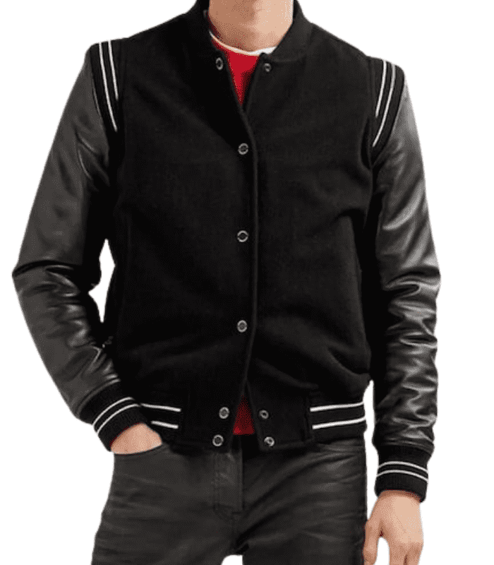 Black Varsity Fleece Bomber Leather Jacket For Mens