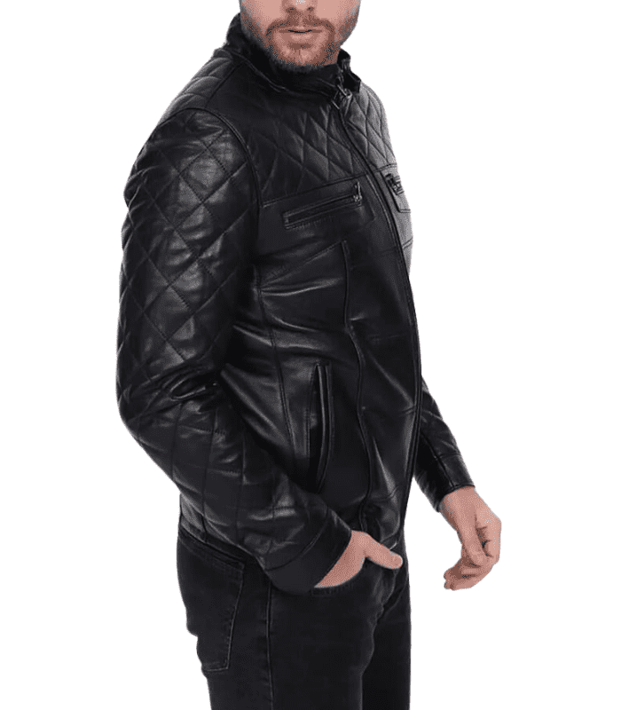 Lightweight Quilted Black Bomber Leather Jacket For Men