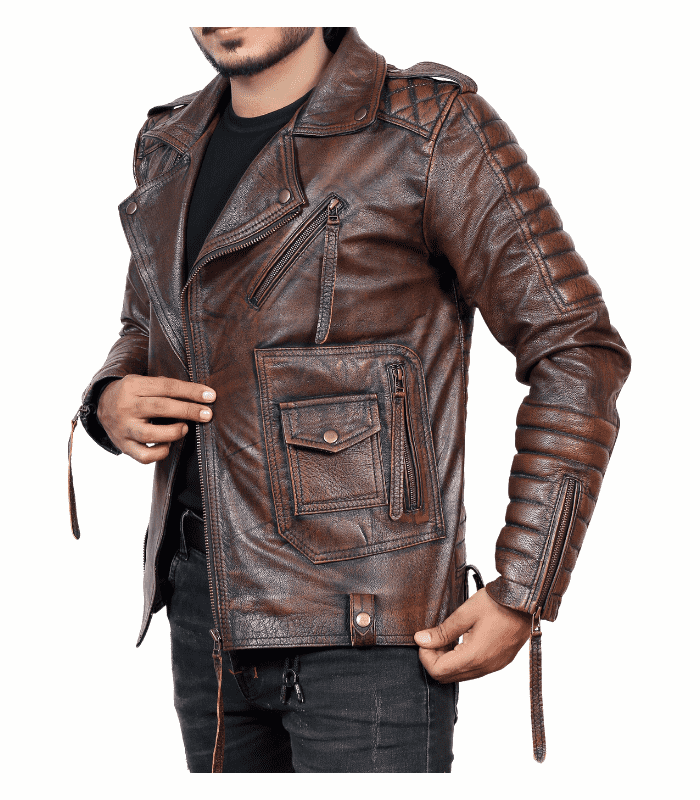 Men Quilted Brown Biker Leather Jacket