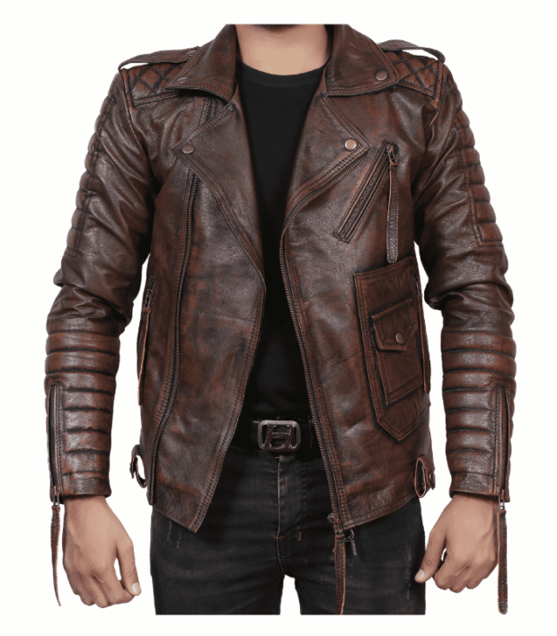 Men Quilted Brown Biker Motorcycle Leather Jacket