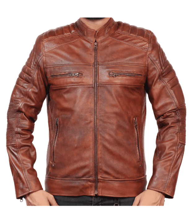 Men’s Reddish Brown Quilted Cafe Racer Leather Jacket