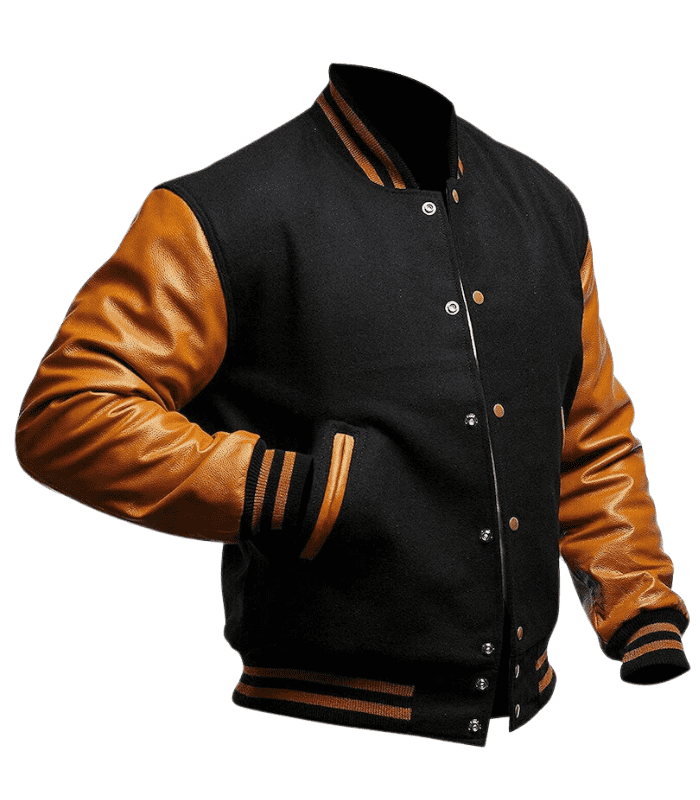 Men Varsity Letterman Baseball Wool Black Bomber Leather Jacket