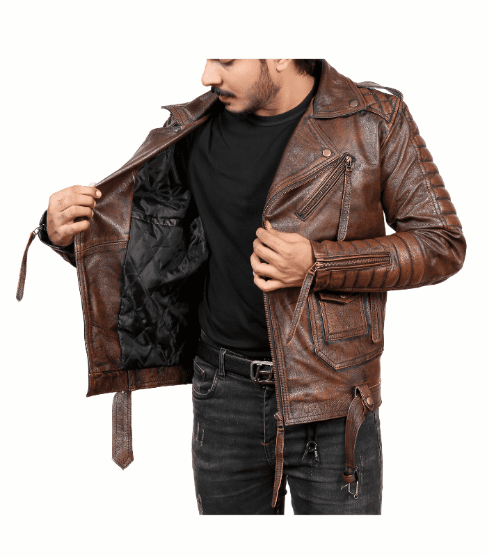 Men Quilted Brown Motorcycle Leather Jacket