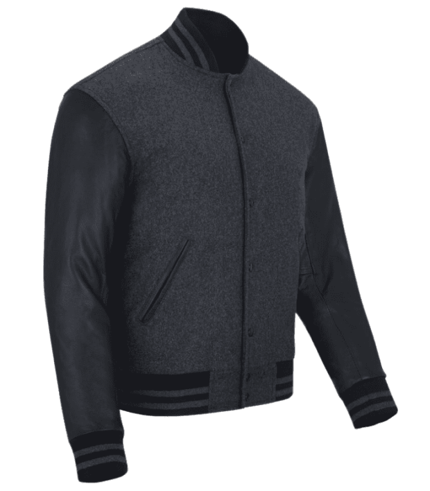 Men Varsity Letterman Baseball Black and Grey Bomber Leather Jacket