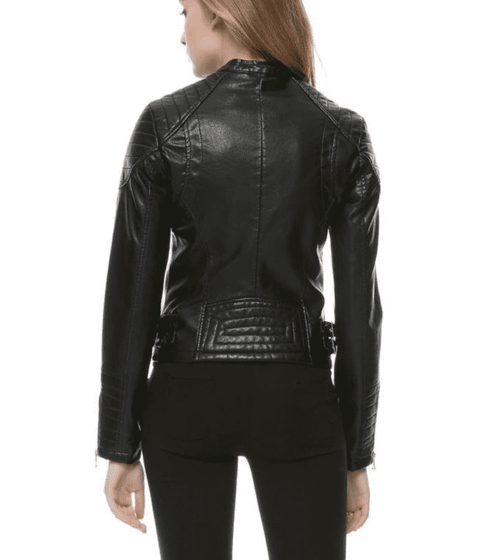 Women Black Slim Fit Leather Bomber Jacket
