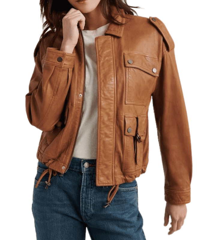Women Brown Distressed Leather Bomber Jacket