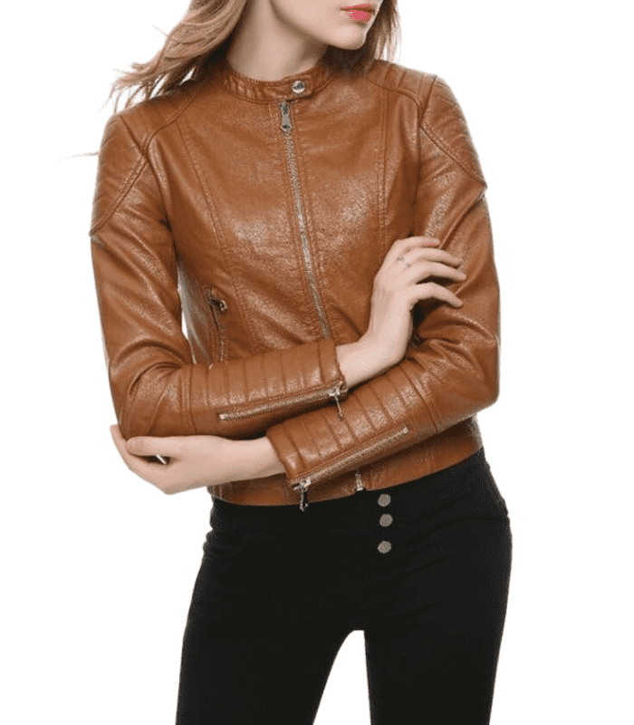 Women Brown Slim Fit Brown Leather Bomber Jacket