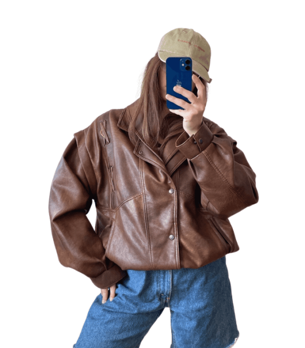 Women Shawl Collar Oversize Brown Bomber Leather Jacket